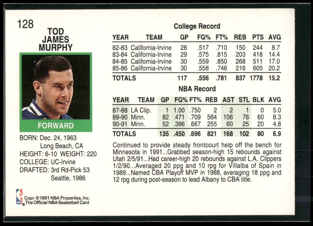 1991-92 Hoops #128 Tod Murphy