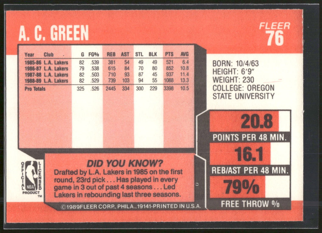 1989-90 Fleer #76 A.C. Green
