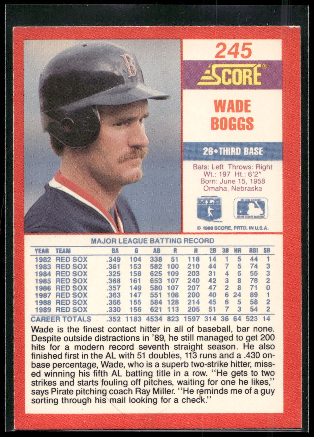 1990 Score #245 Wade Boggs