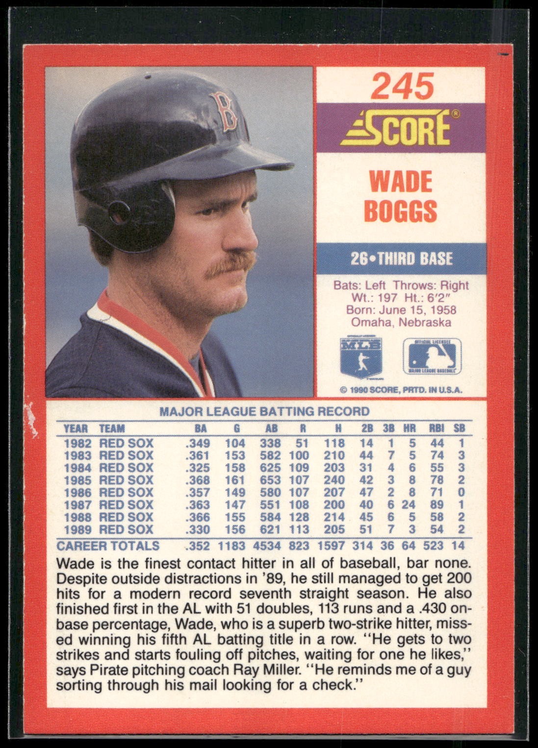 1990 Score #245 Wade Boggs