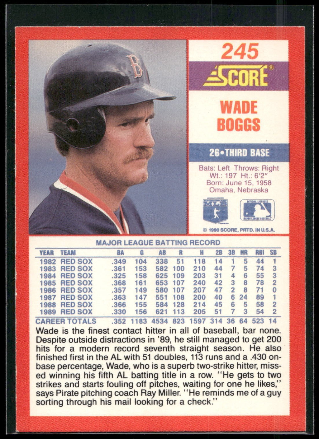 1990 Score #245 Wade Boggs