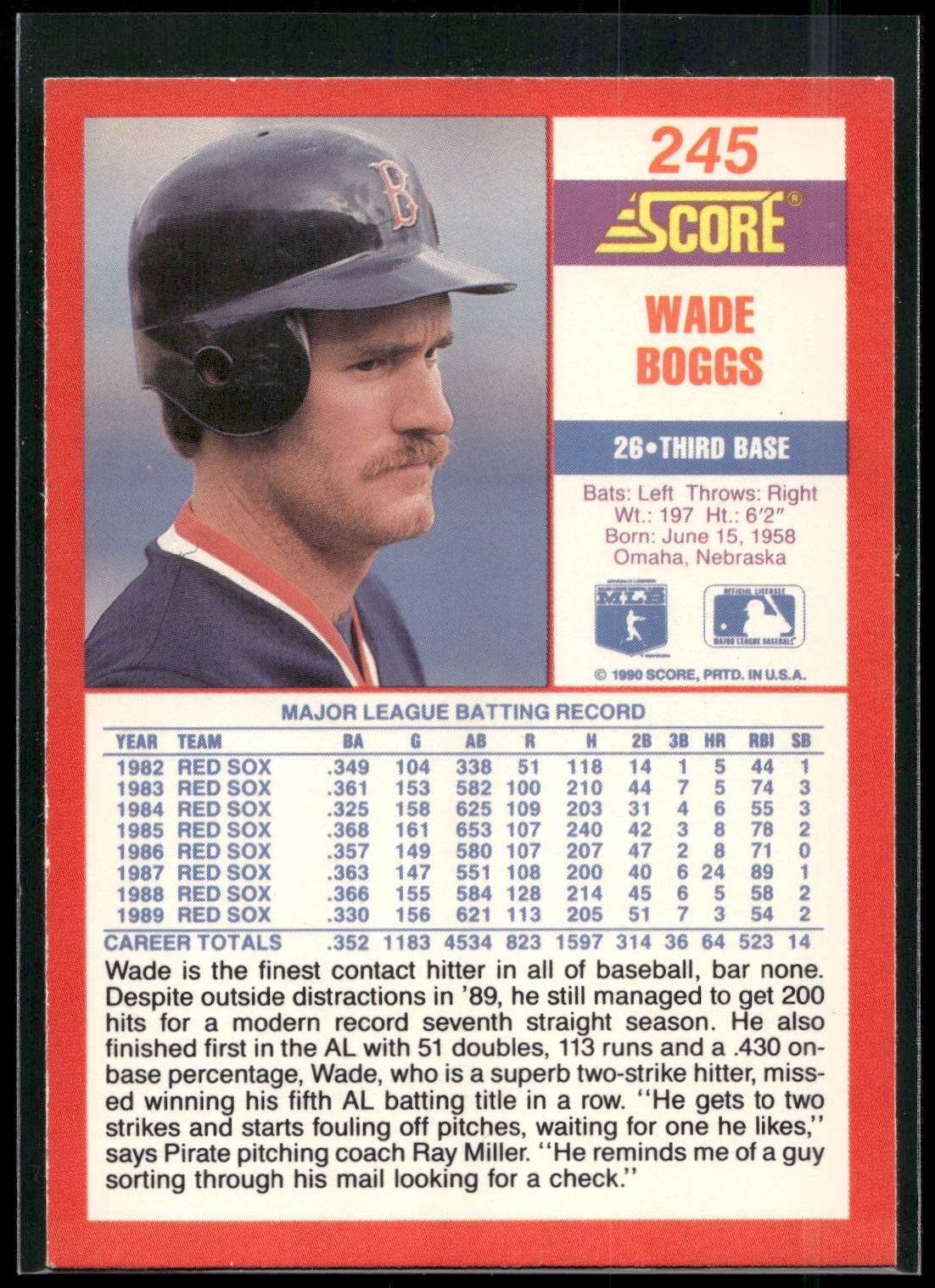 1990 Score #245 Wade Boggs
