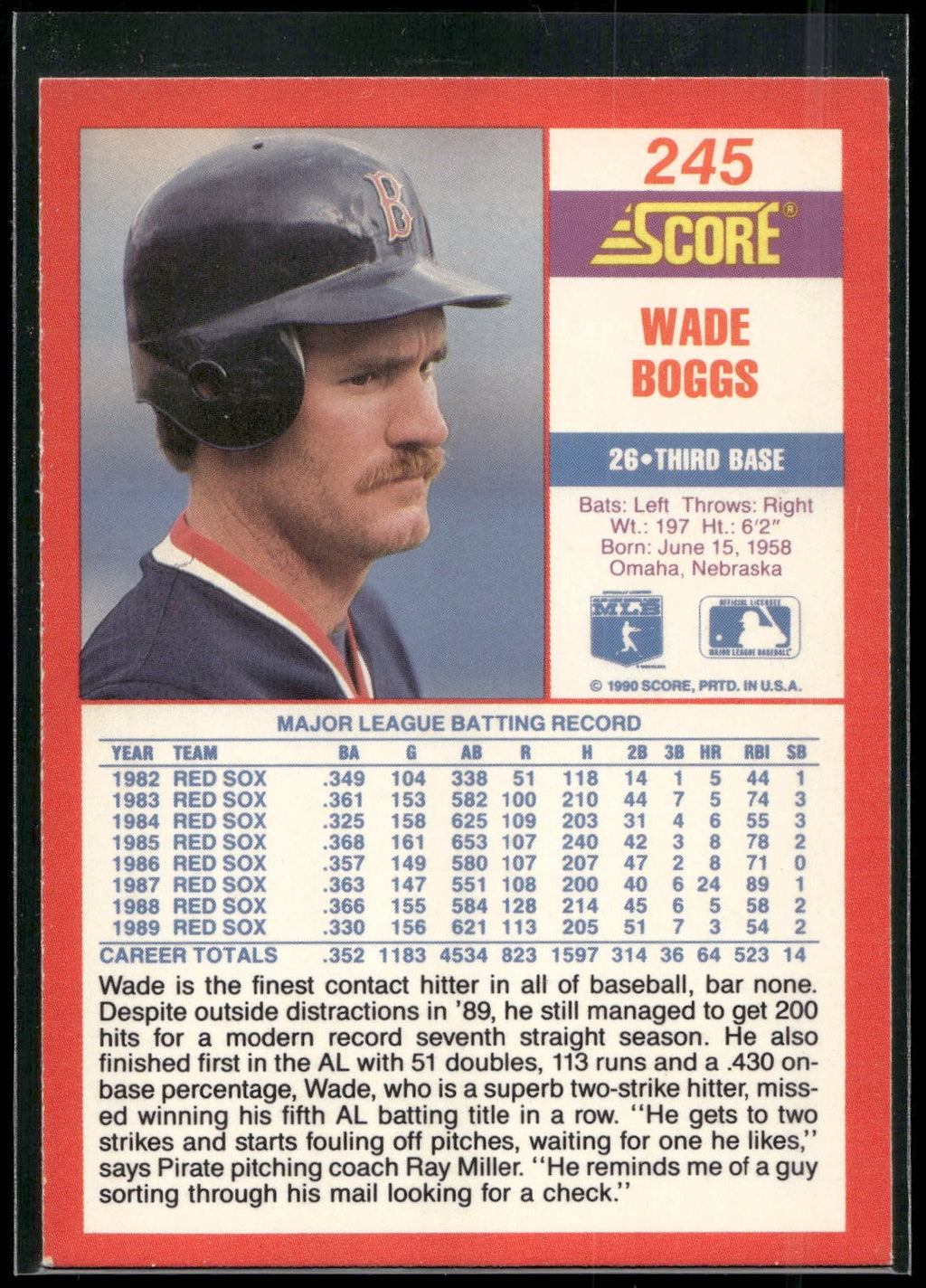 1990 Score #245 Wade Boggs