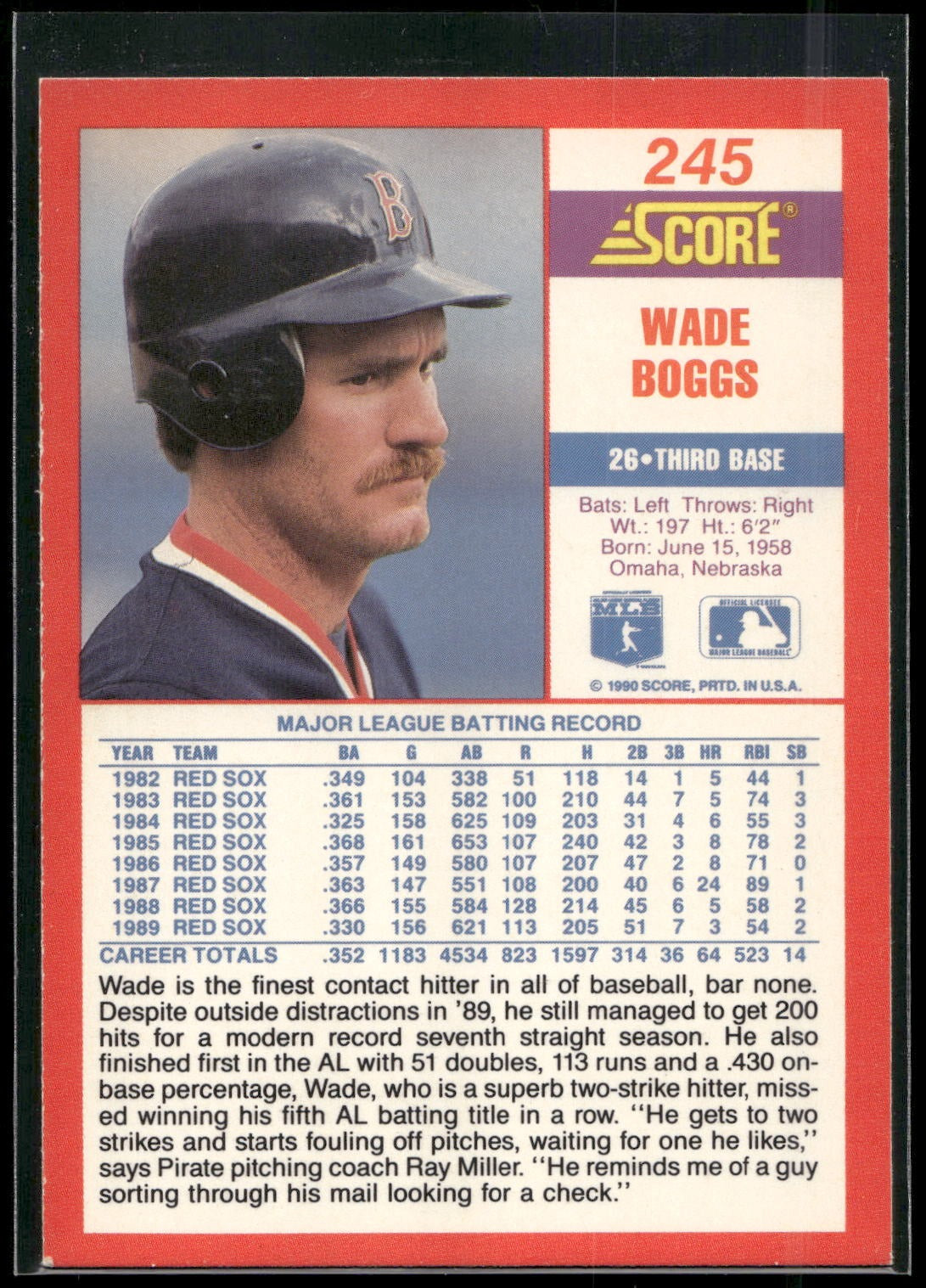 1990 Score #245 Wade Boggs