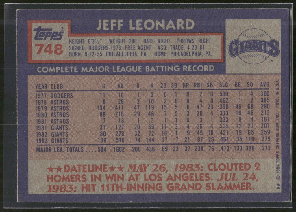 1984 Topps #748 Jeff Leonard