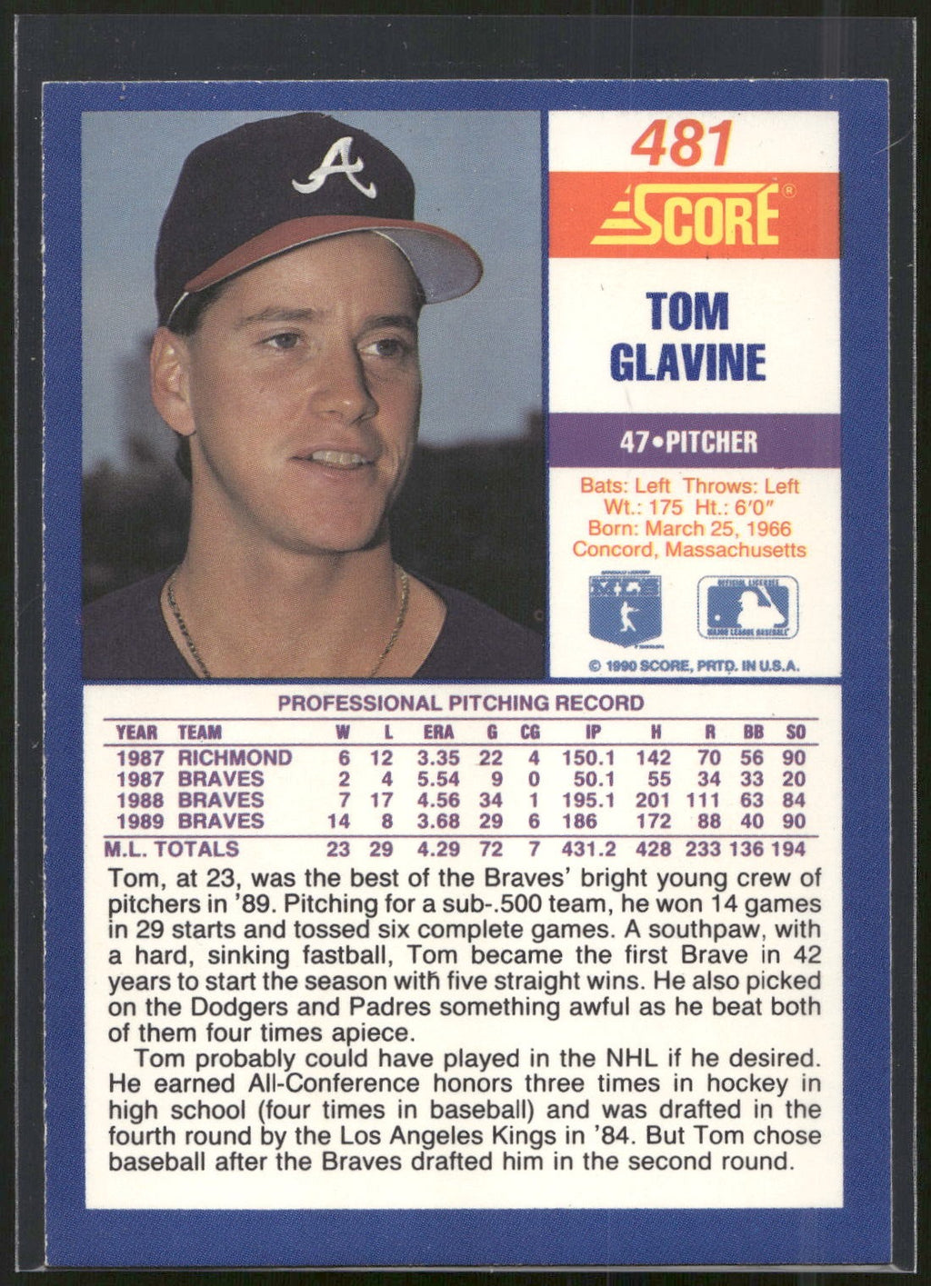 1990 Score #481 Tom Glavine