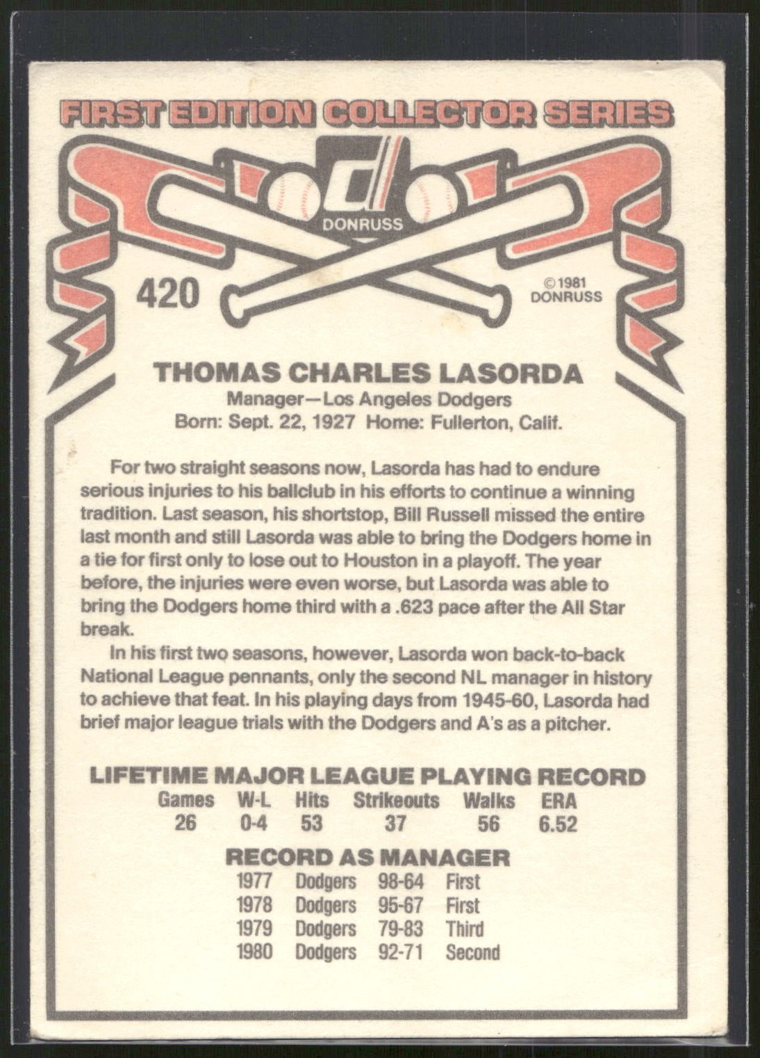 1981 Donruss #420 Tommy Lasorda