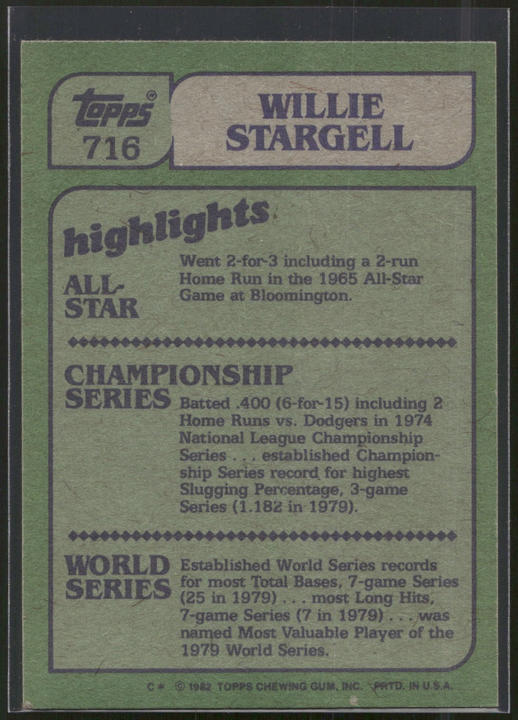 1982 Topps #716 Willie Stargell