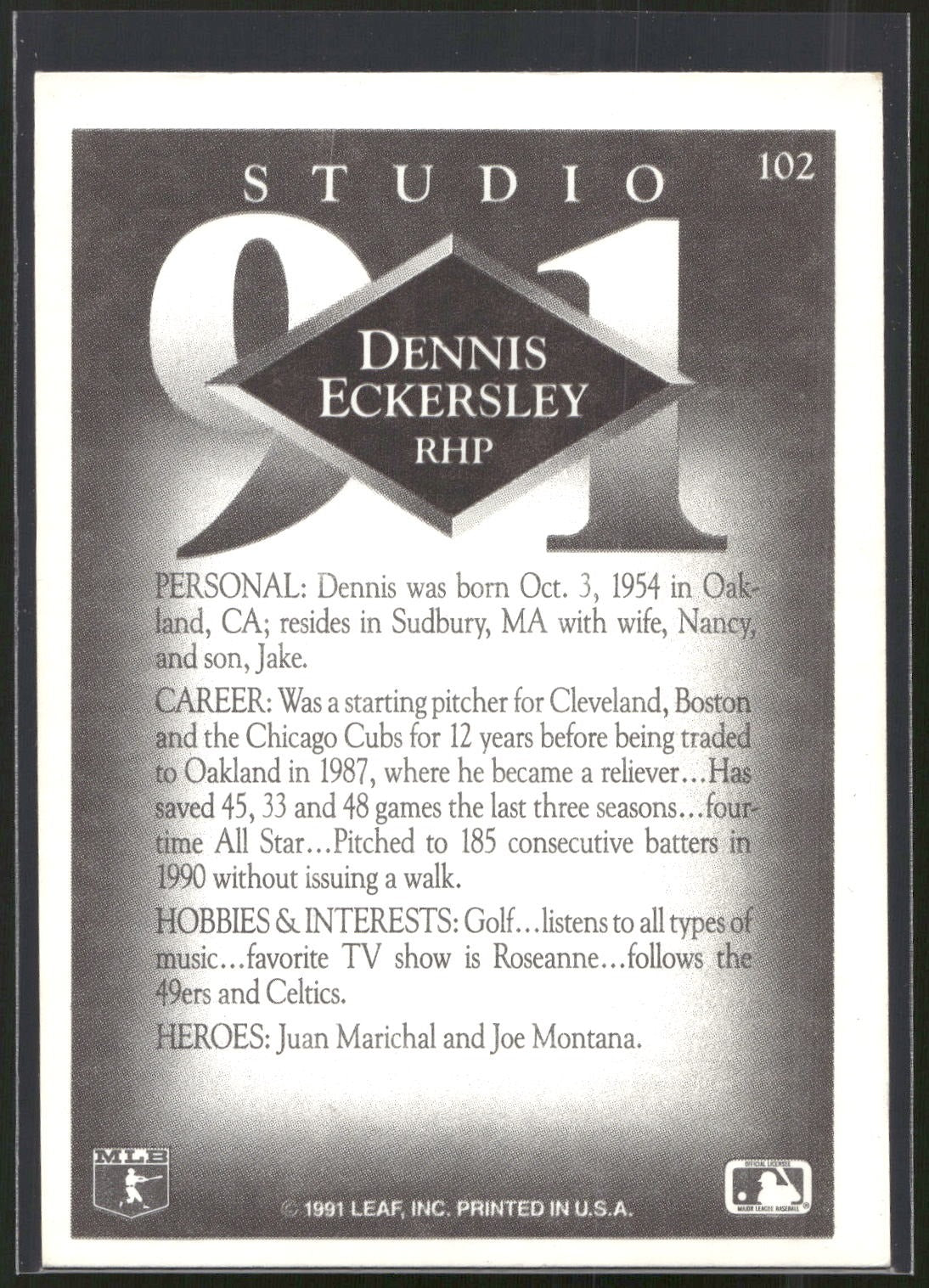 1991 Studio #102 Dennis Eckersley