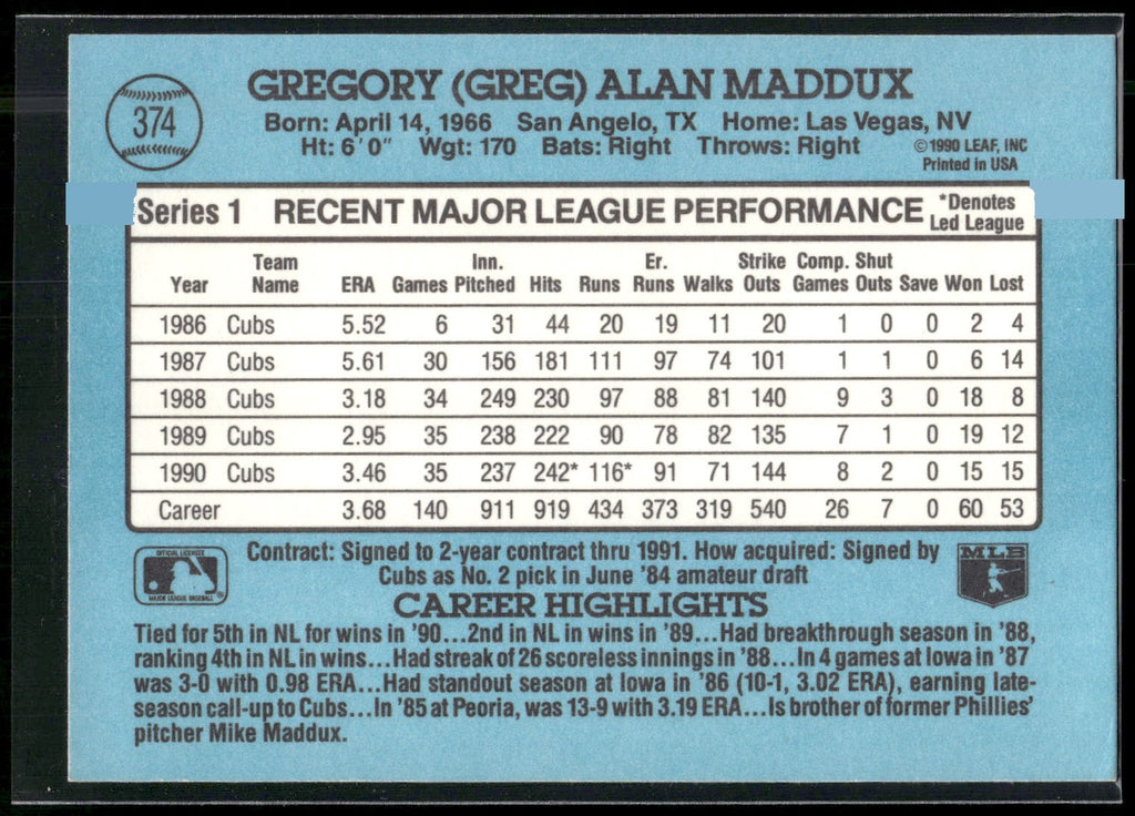 1991 Donruss #374 Greg Maddux