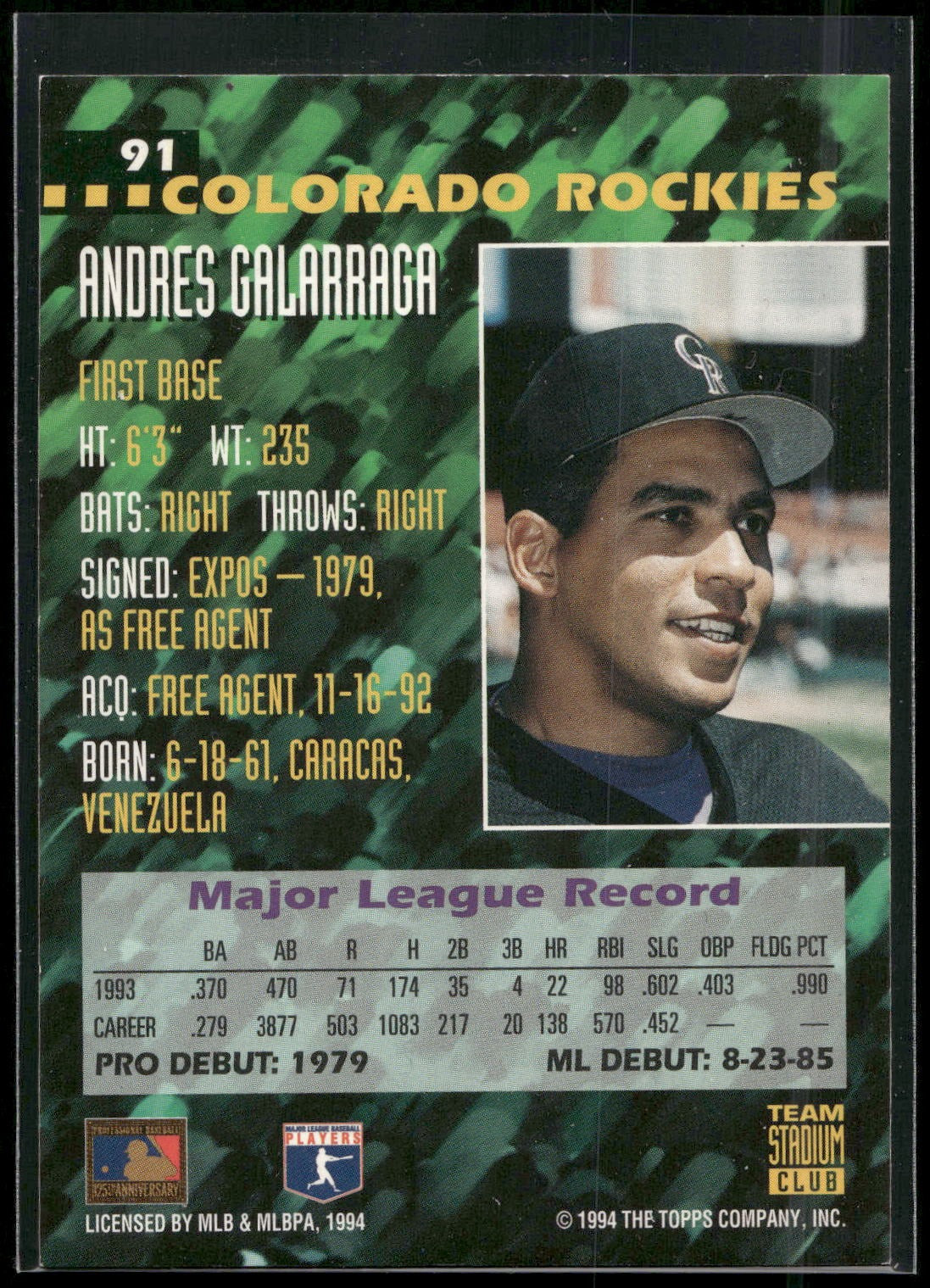 1994 Stadium Club Team #91 Andres Galarraga