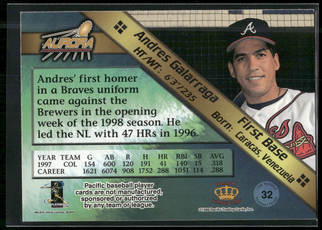 1998 Pacific Aurora #32 Andres Galarraga Pennant Fever