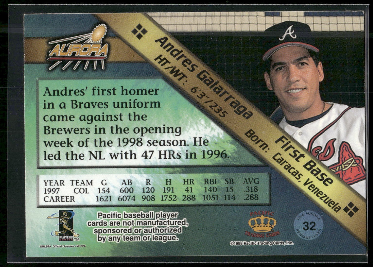1998 Pacific Aurora #32 Andres Galarraga Pennant Fever