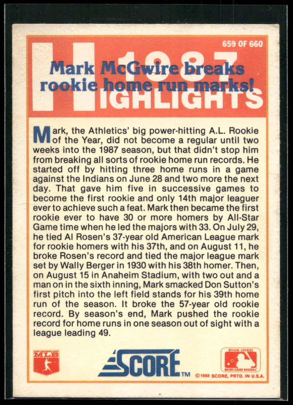 1988 Score #659 Mark McGwire