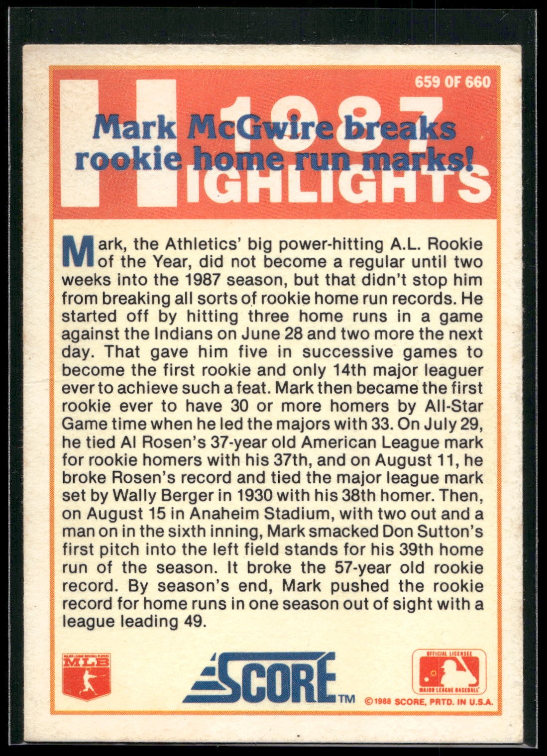 1988 Score #659 Mark McGwire