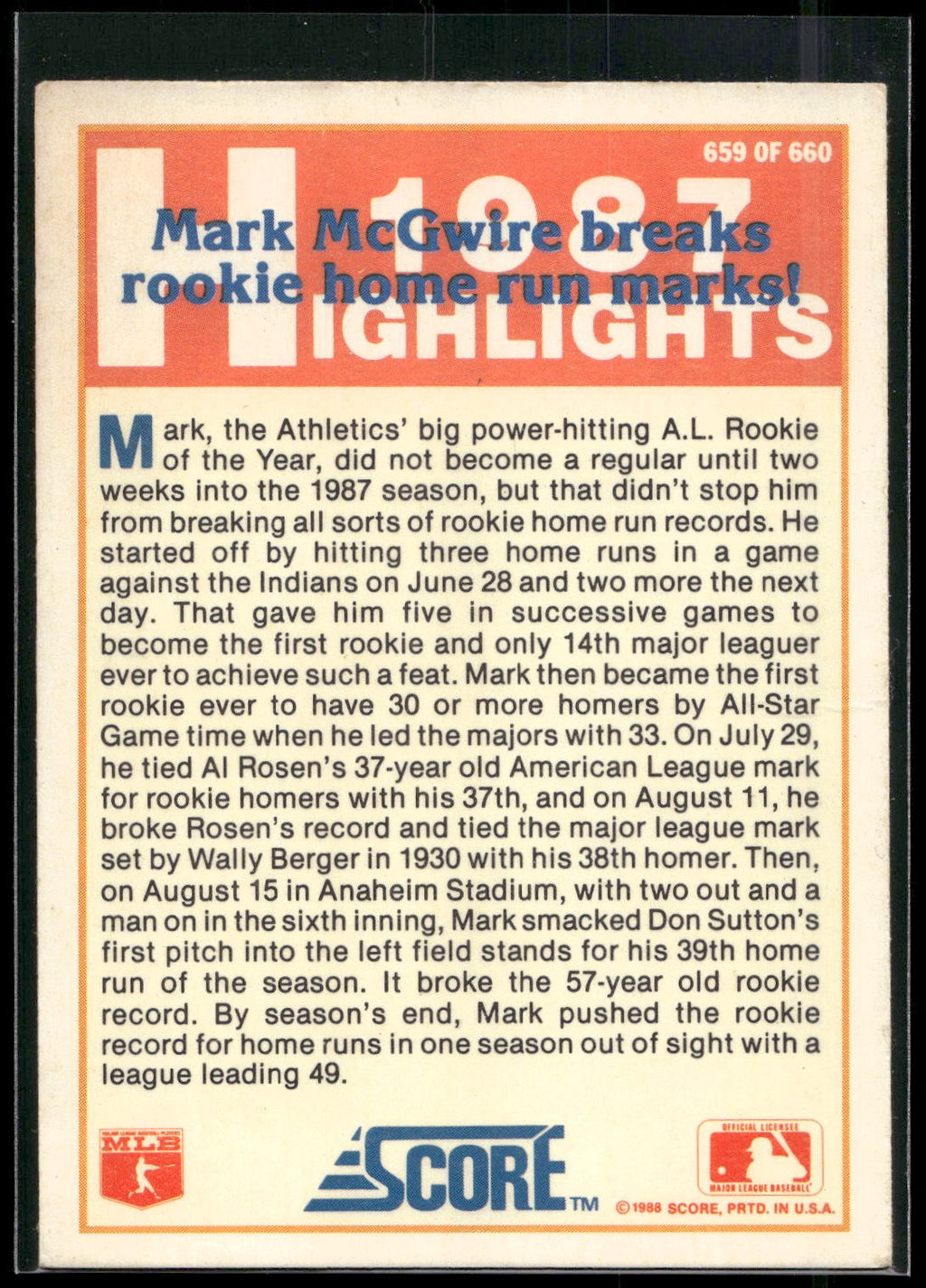1988 Score #659 Mark McGwire