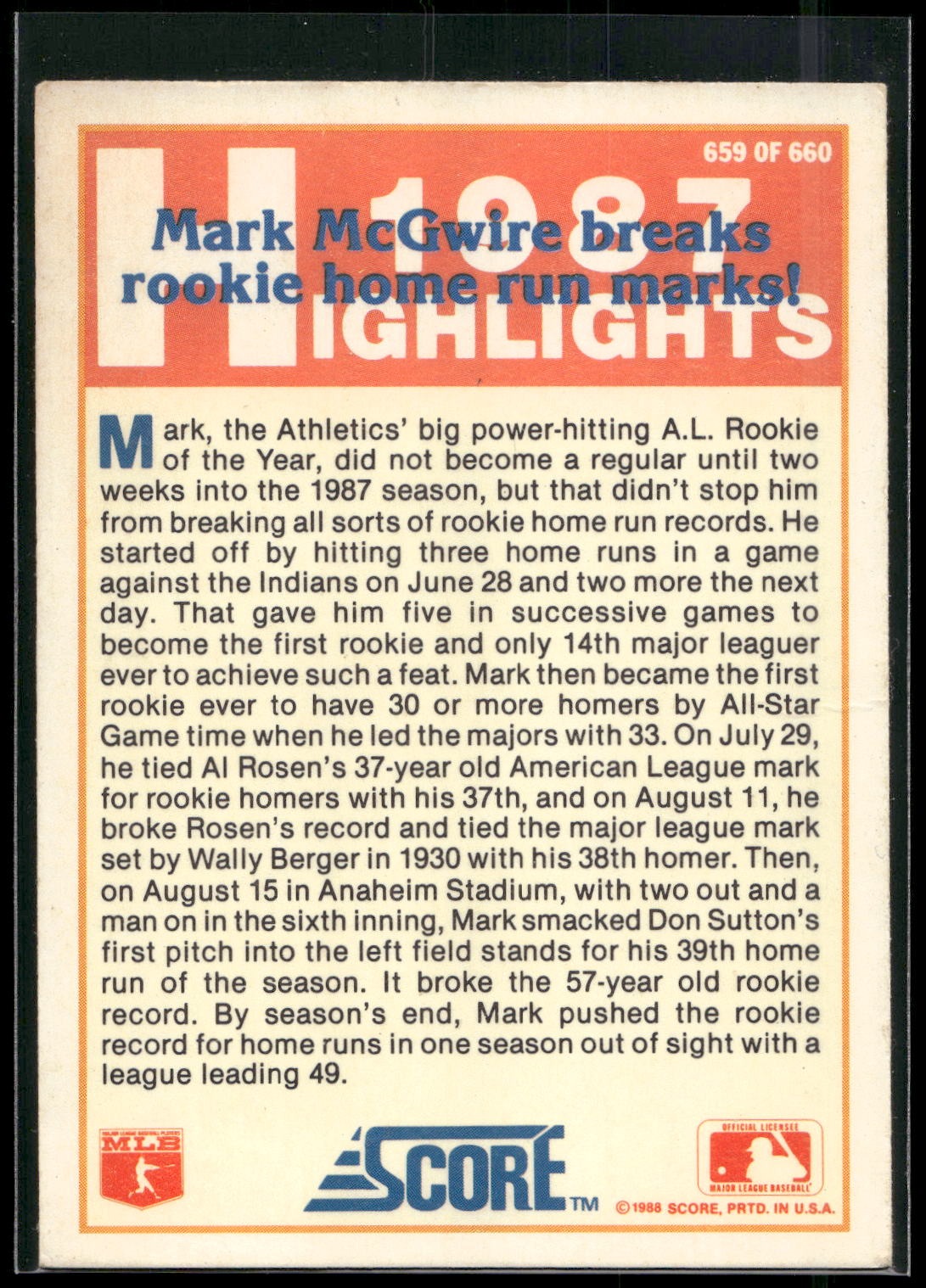 1988 Score #659 Mark McGwire