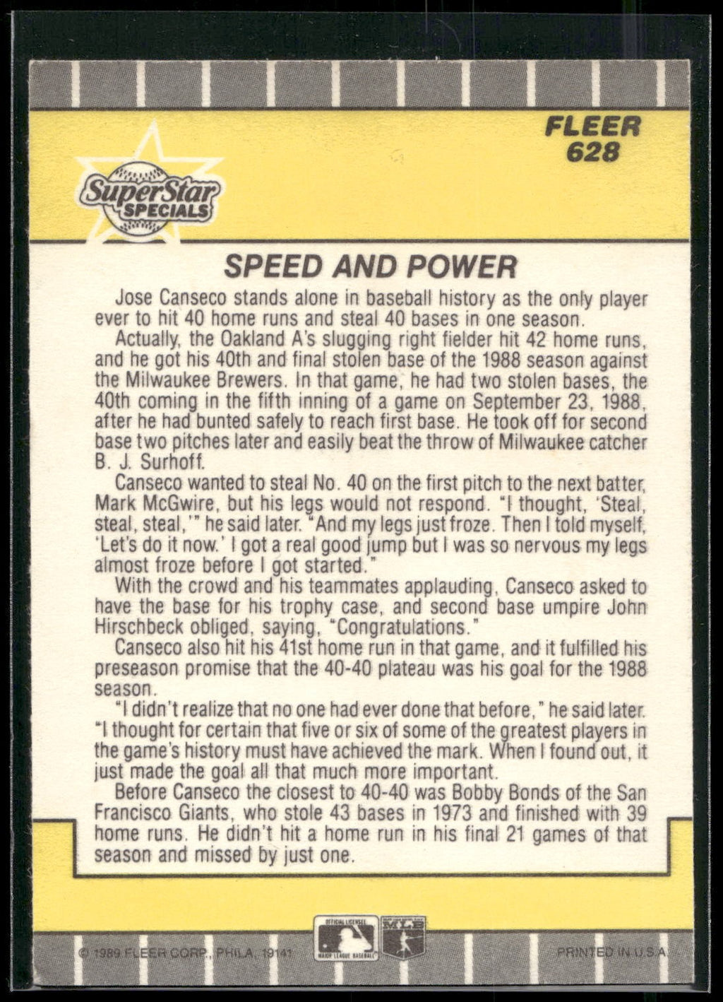 1989 Fleer #628 Speed and Power (Jose Canseco)