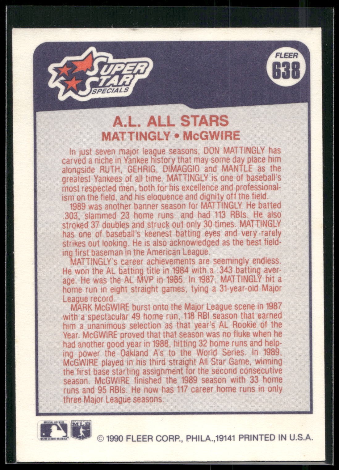 1990 Fleer #638b Don Mattingly / Mark McGwire