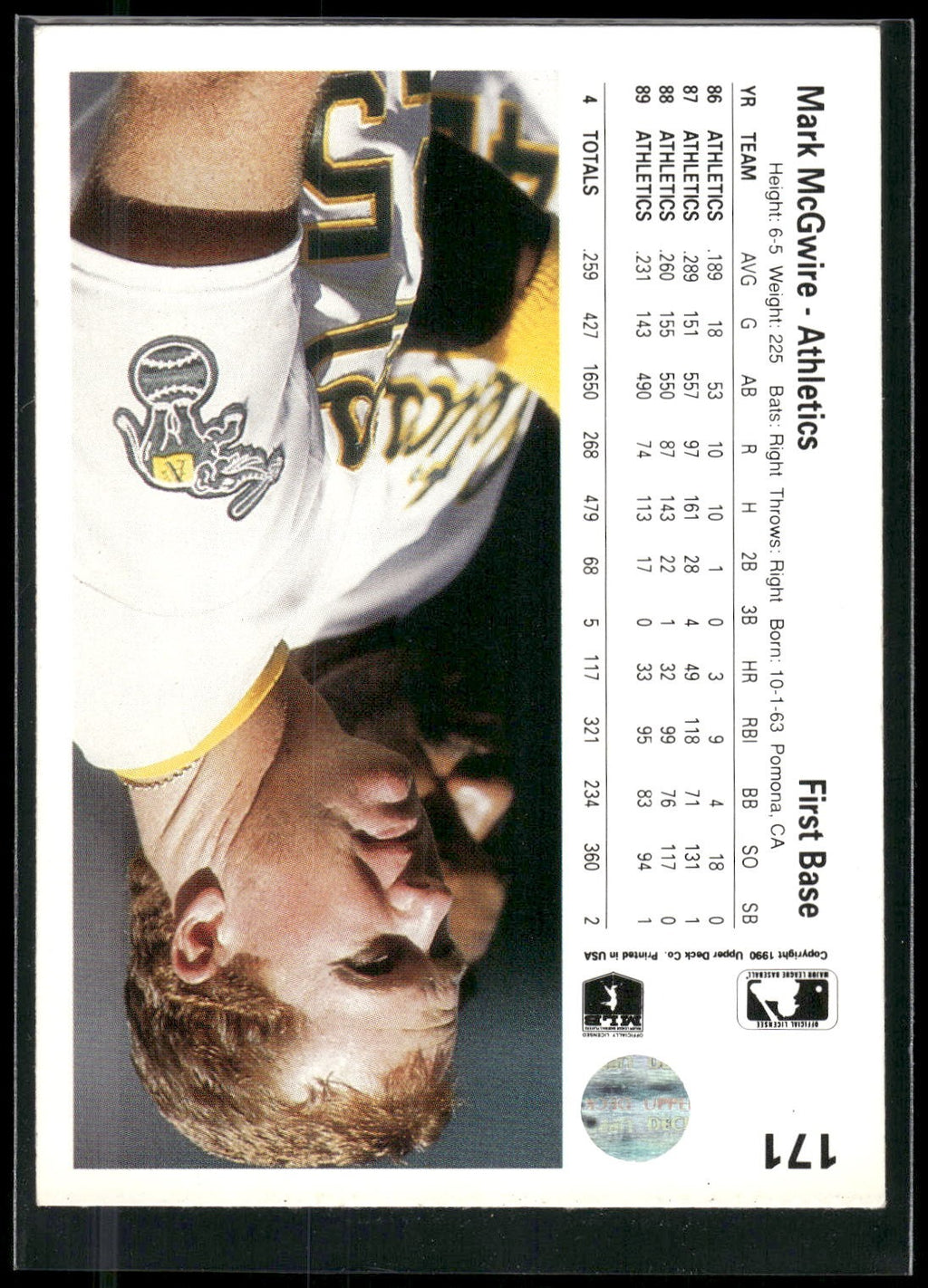 1990 Upper Deck #171b Mark McGwire