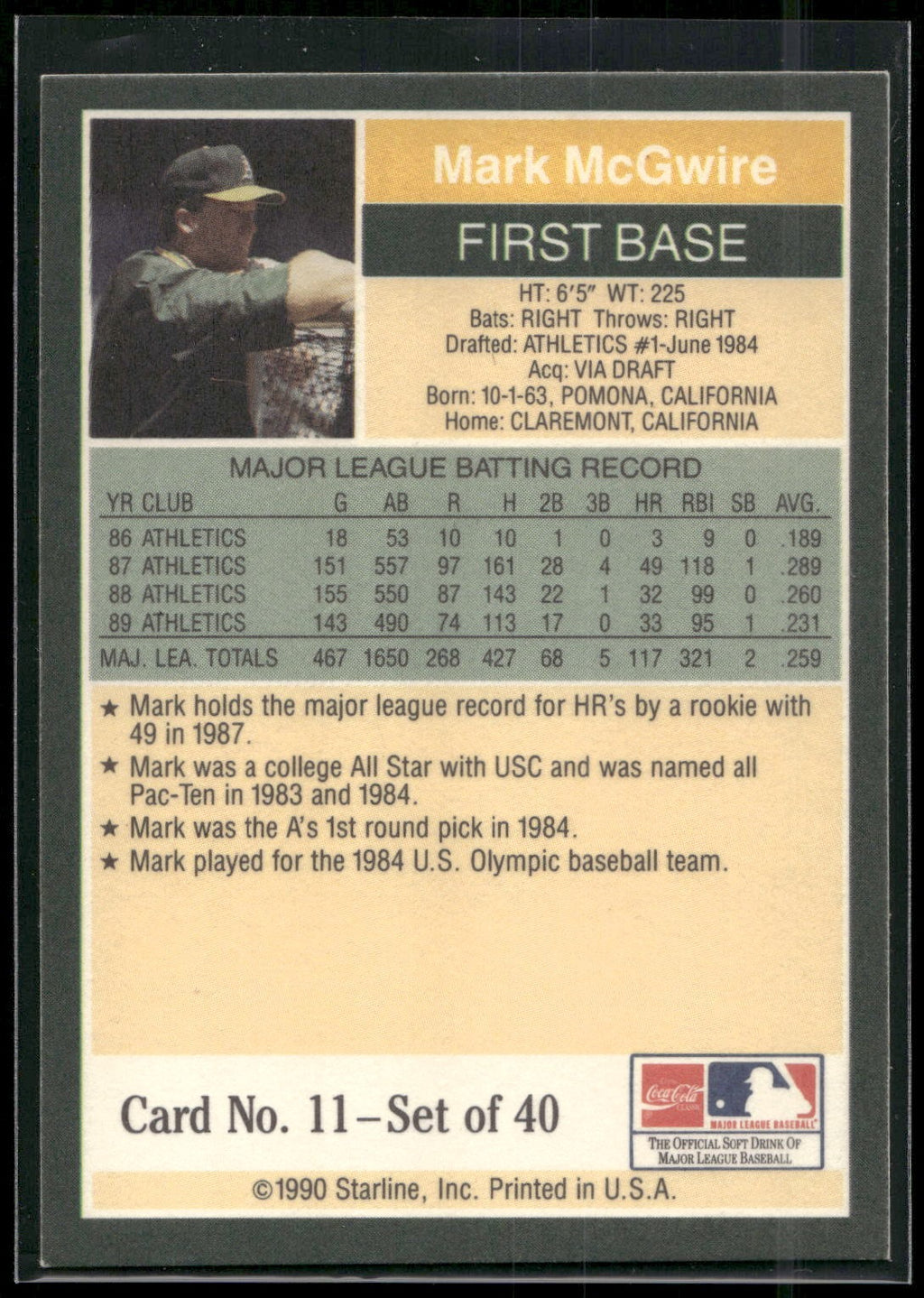 1990 Starline Long John Silver #11 Mark McGwire