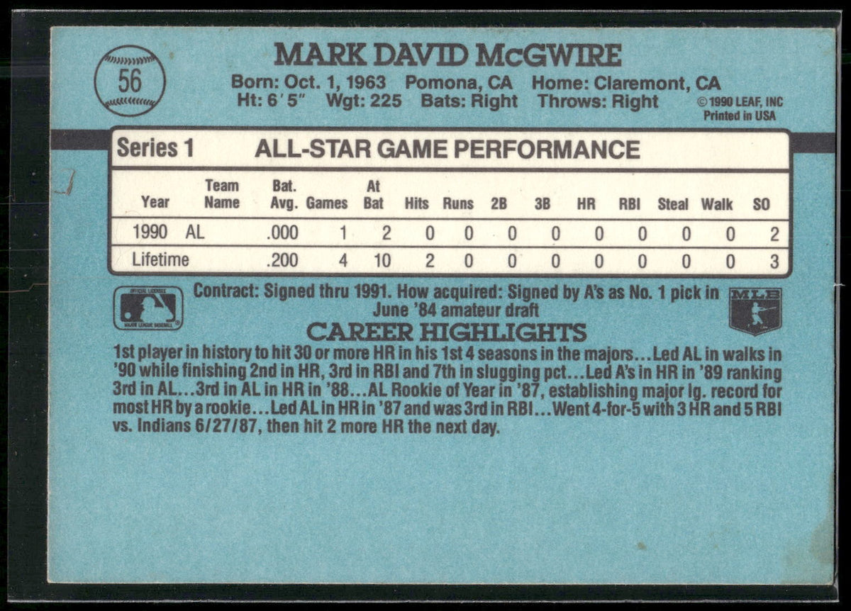 1991 Donruss #56b Mark McGwire
