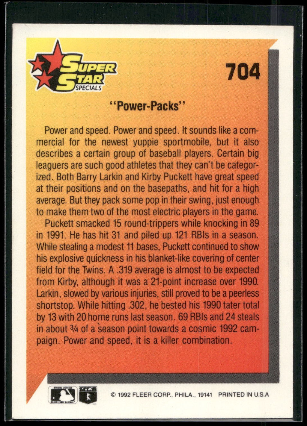 1992 Fleer #704 Power Packs (Barry Larkin / Kirby Puckett)