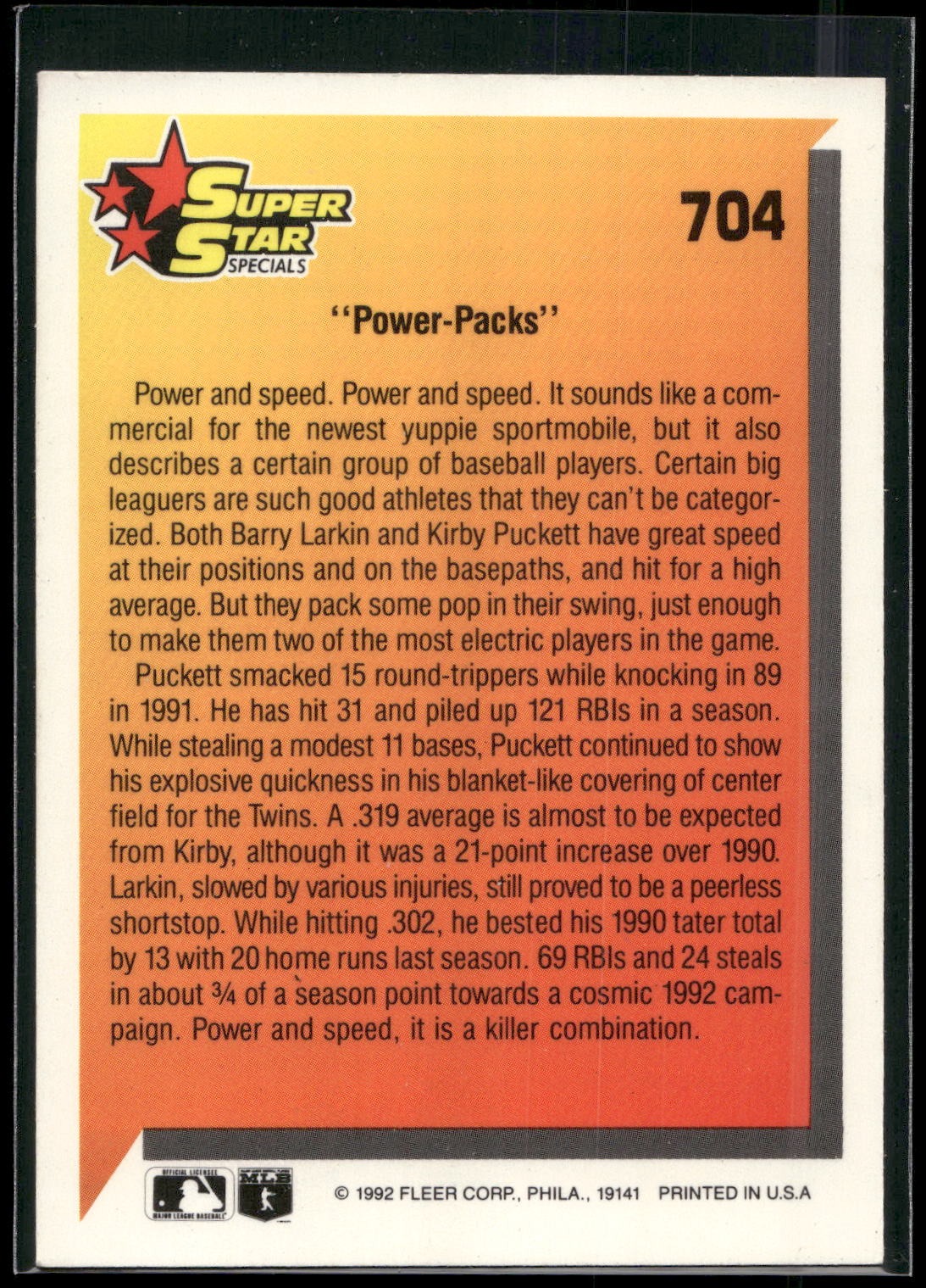 1992 Fleer #704 Power Packs (Barry Larkin / Kirby Puckett)
