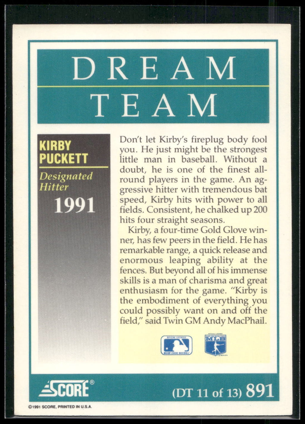 1991 Score #891 Kirby Puckett