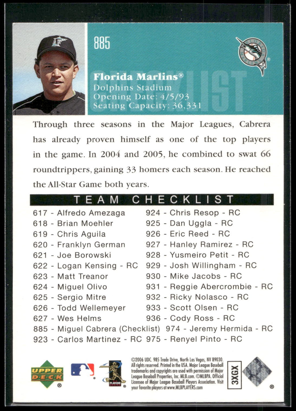 2006 Upper Deck #885 Miguel Cabrera