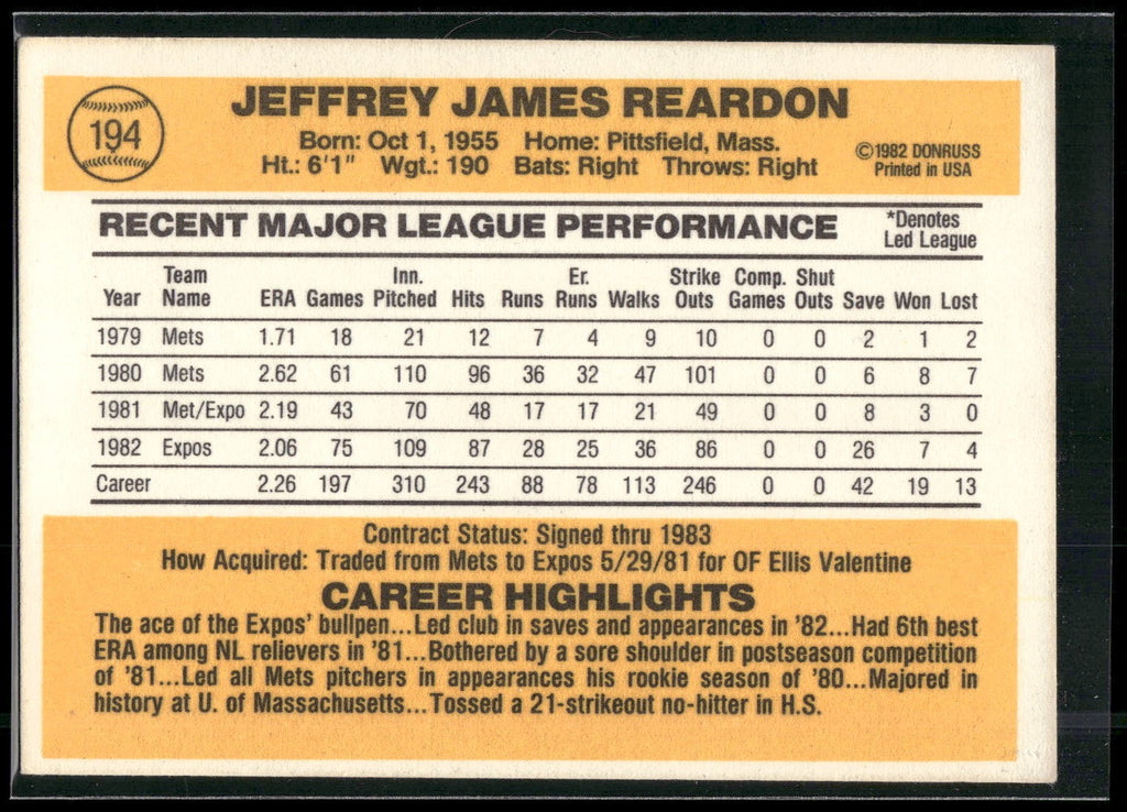 1983 Donruss #194 Jeff Reardon