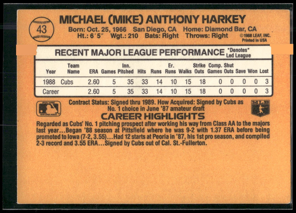 1989 Donruss #43d Mike Harkey