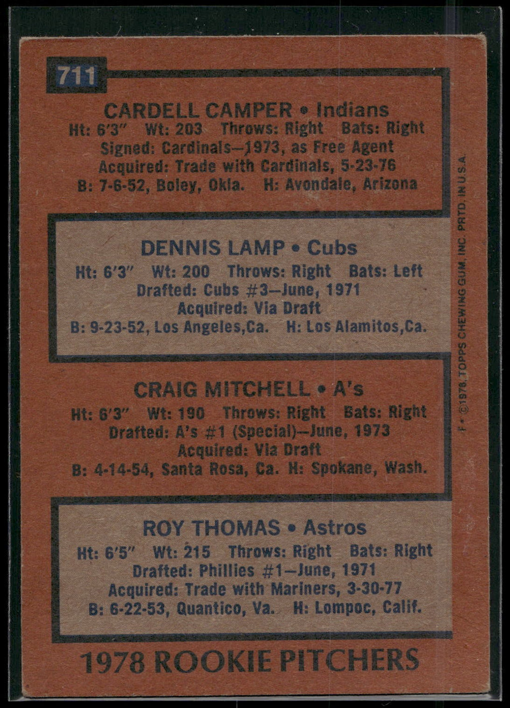 1978 Topps #711 (Cardell Camper / Dennis Lamp / Craig Mitchell / Roy Thomas)