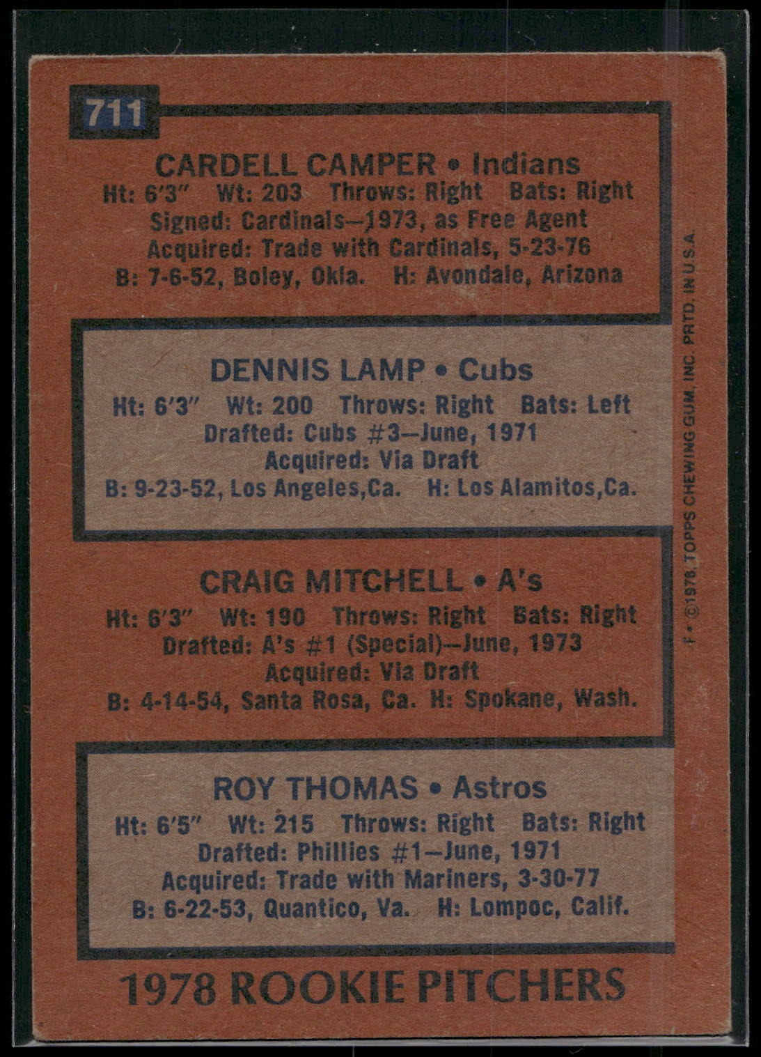 1978 Topps #711 (Cardell Camper / Dennis Lamp / Craig Mitchell / Roy Thomas)