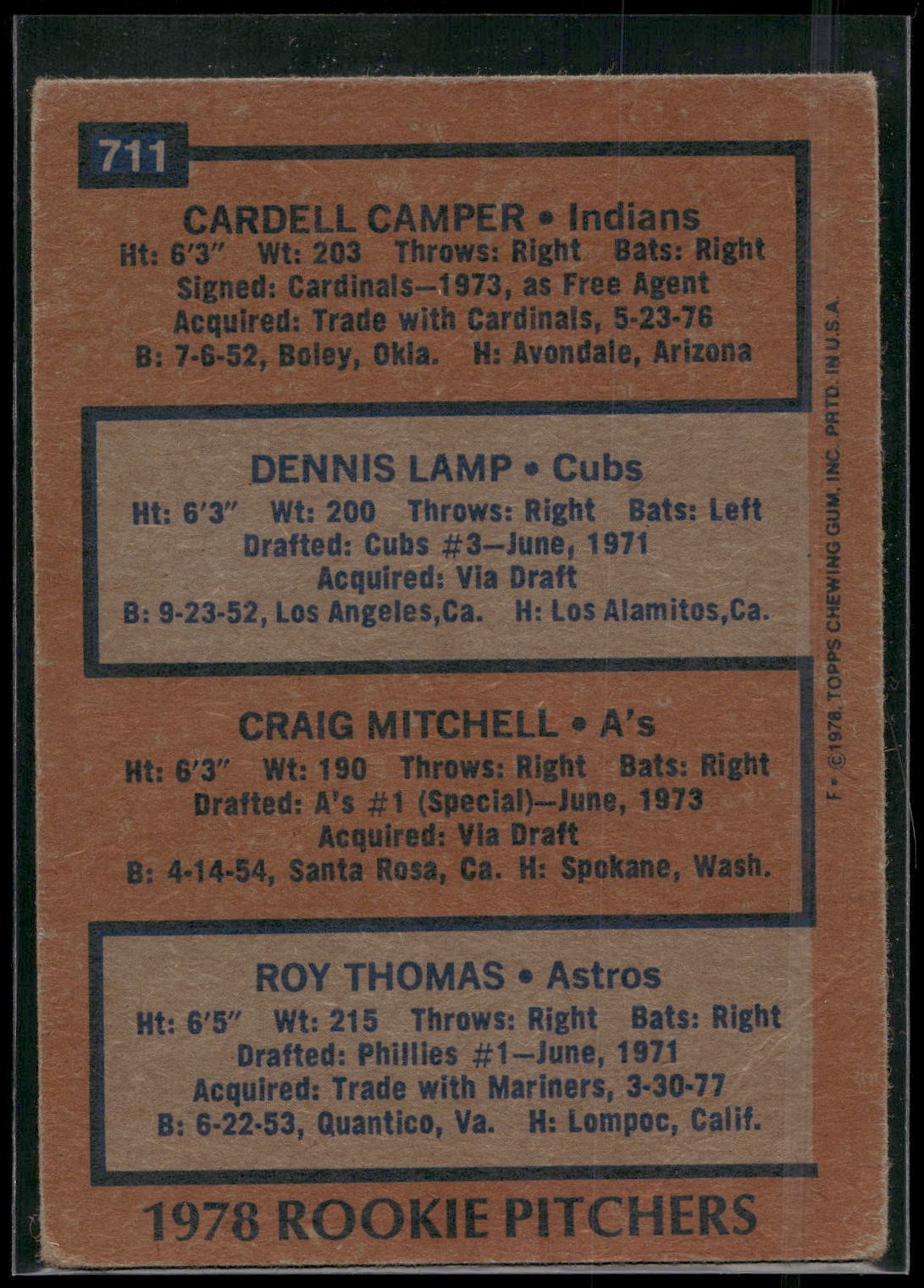 1978 Topps #711 (Cardell Camper / Dennis Lamp / Craig Mitchell / Roy Thomas)