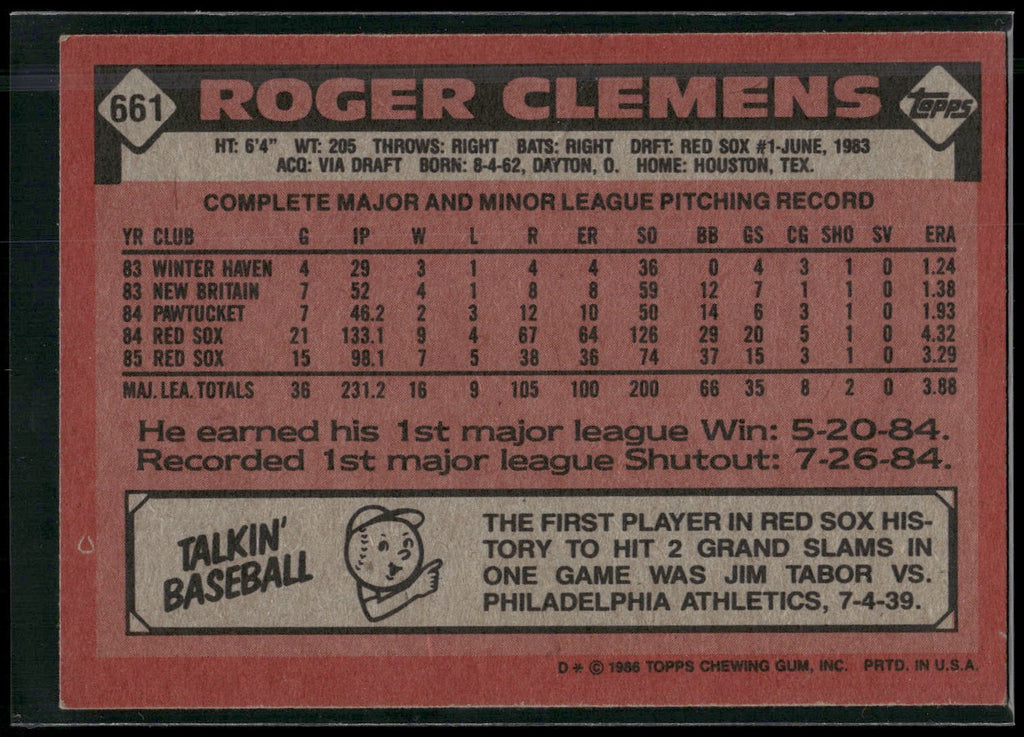 1986 Topps #661 Roger Clemens
