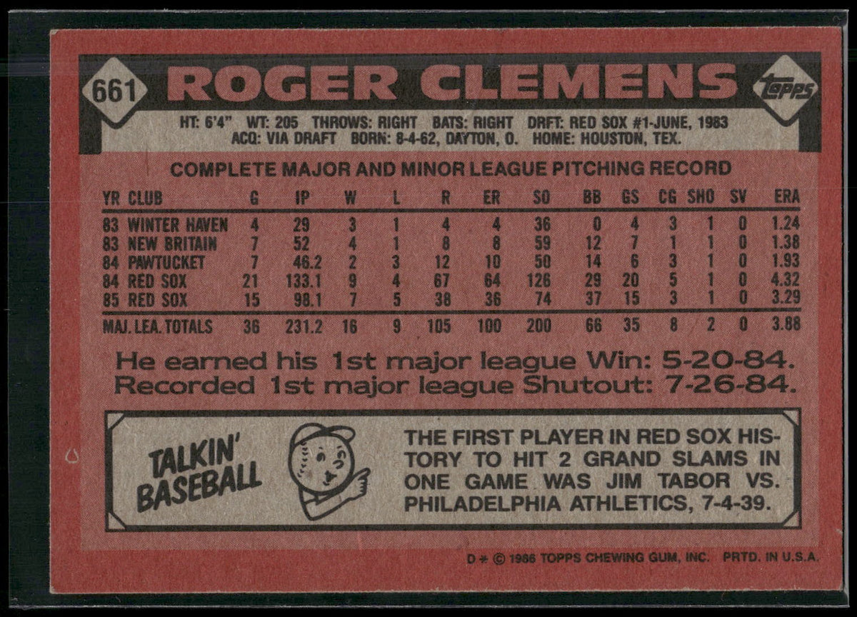 1986 Topps #661 Roger Clemens