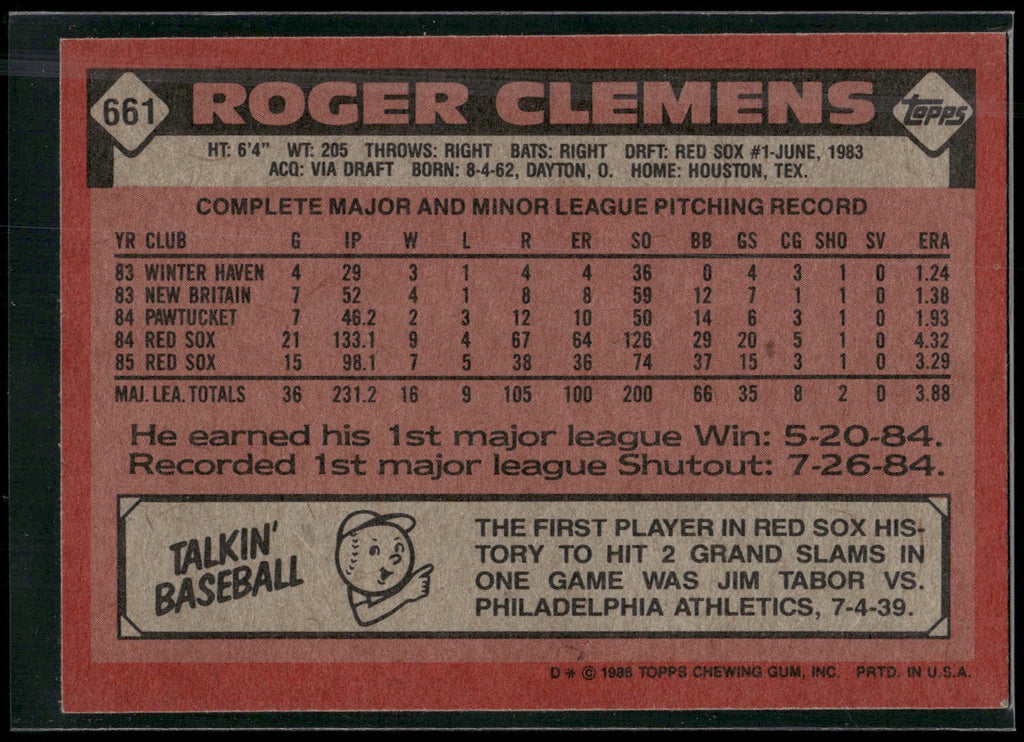 1986 Topps #661 Roger Clemens