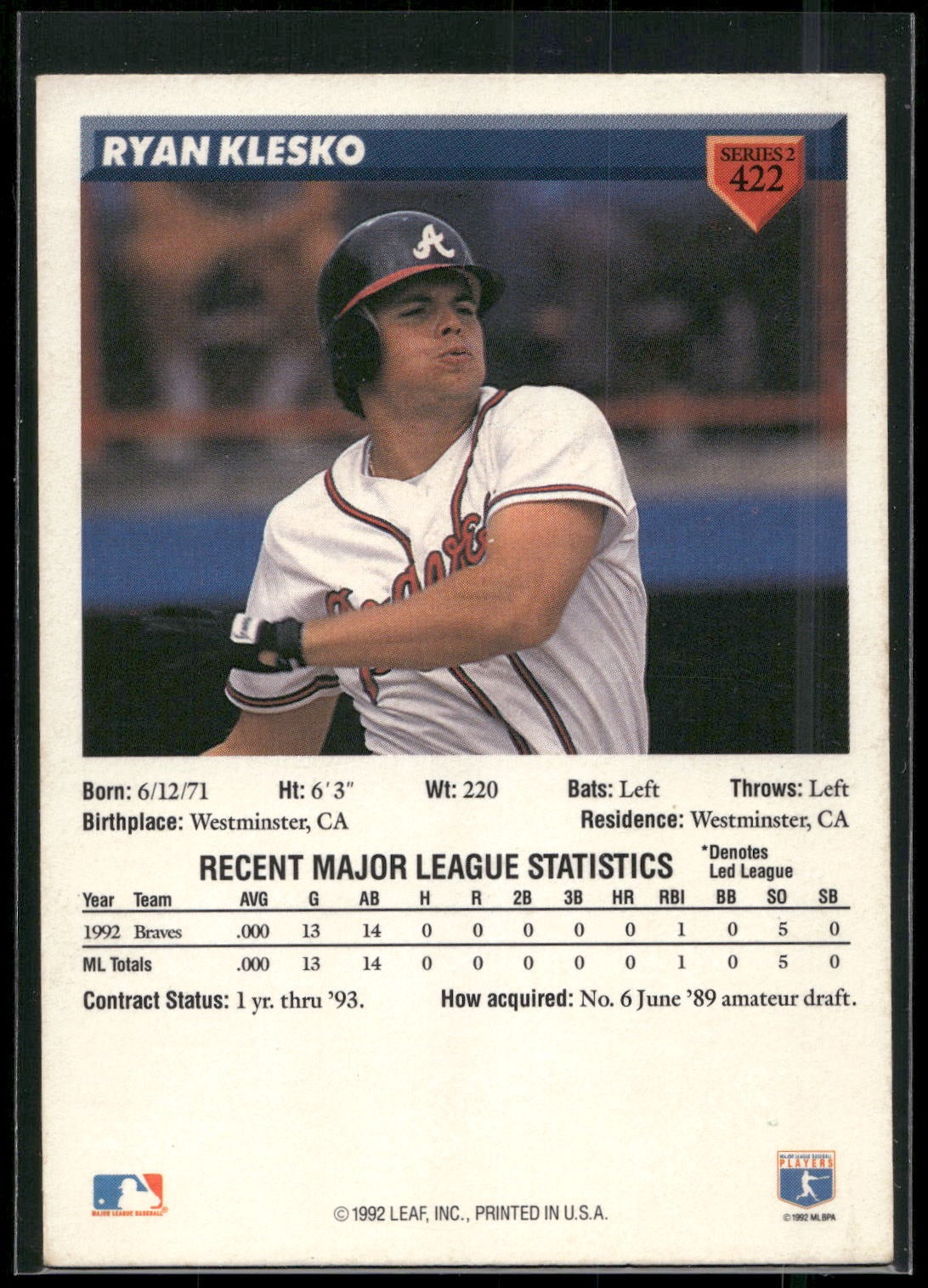 1993 Donruss #422 Ryan Klesko