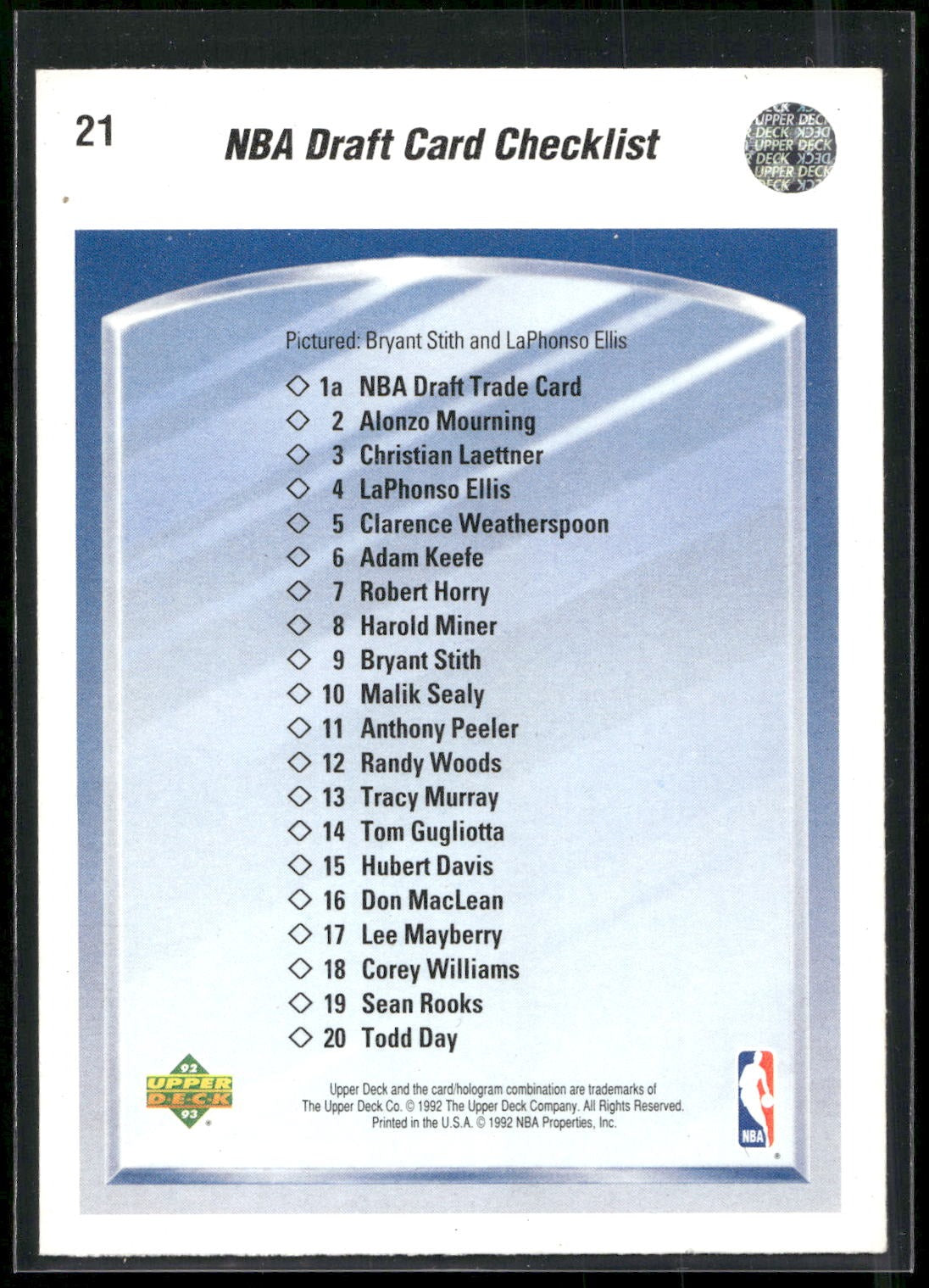 1992-93 Upper Deck #21b NBA Draft Card Checklist (Bryant Stith / LaPhonso Ellis)