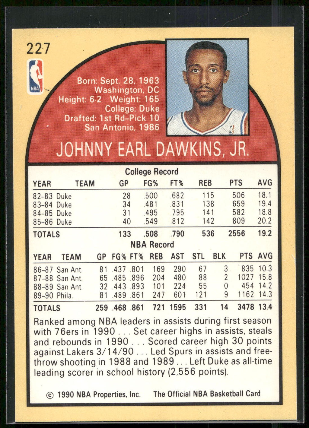 1990-91 Hoops #227 Johnny Dawkins