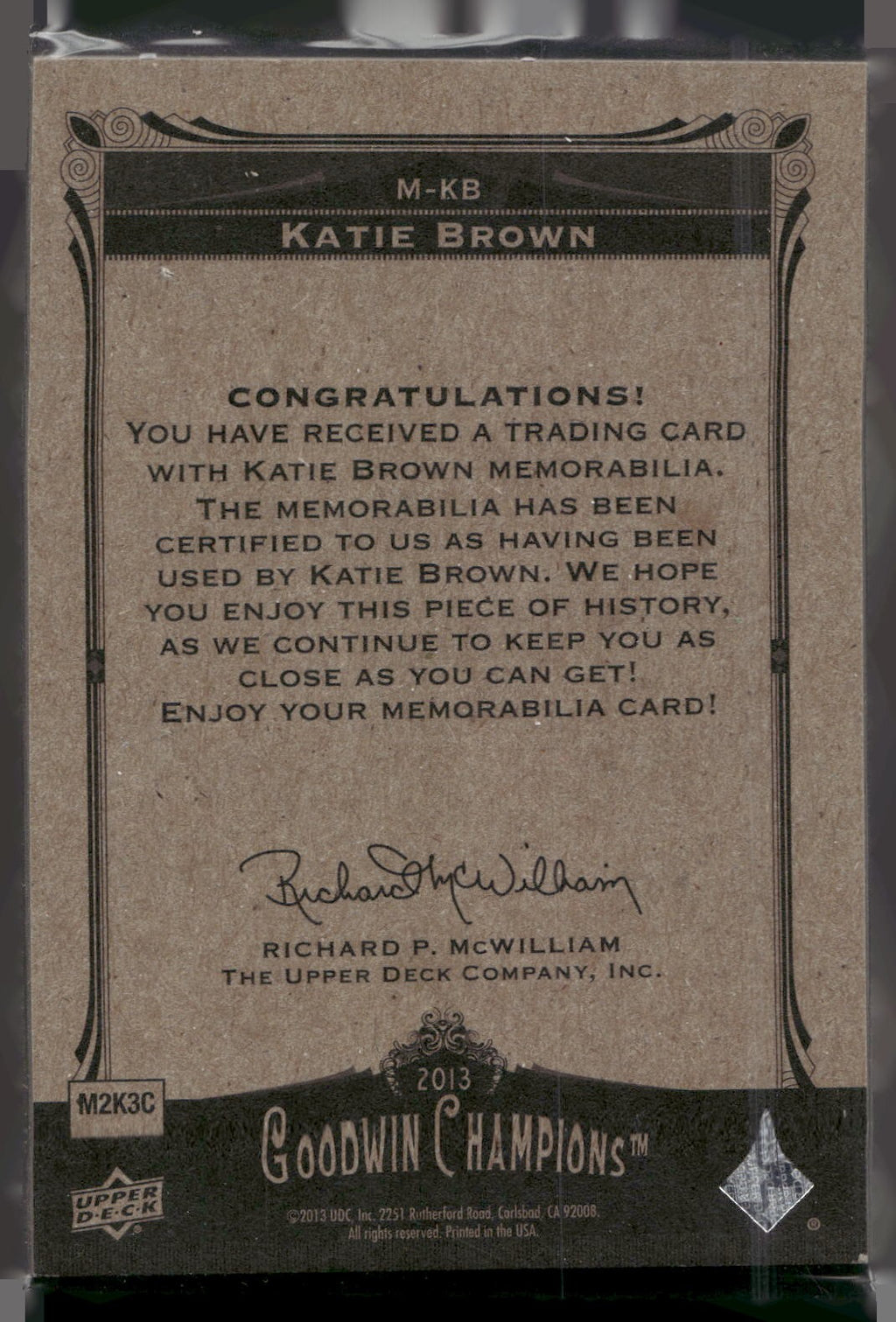 2013 Upper Deck Goodwin Champions #M-KB Katie Brown Memorabilia