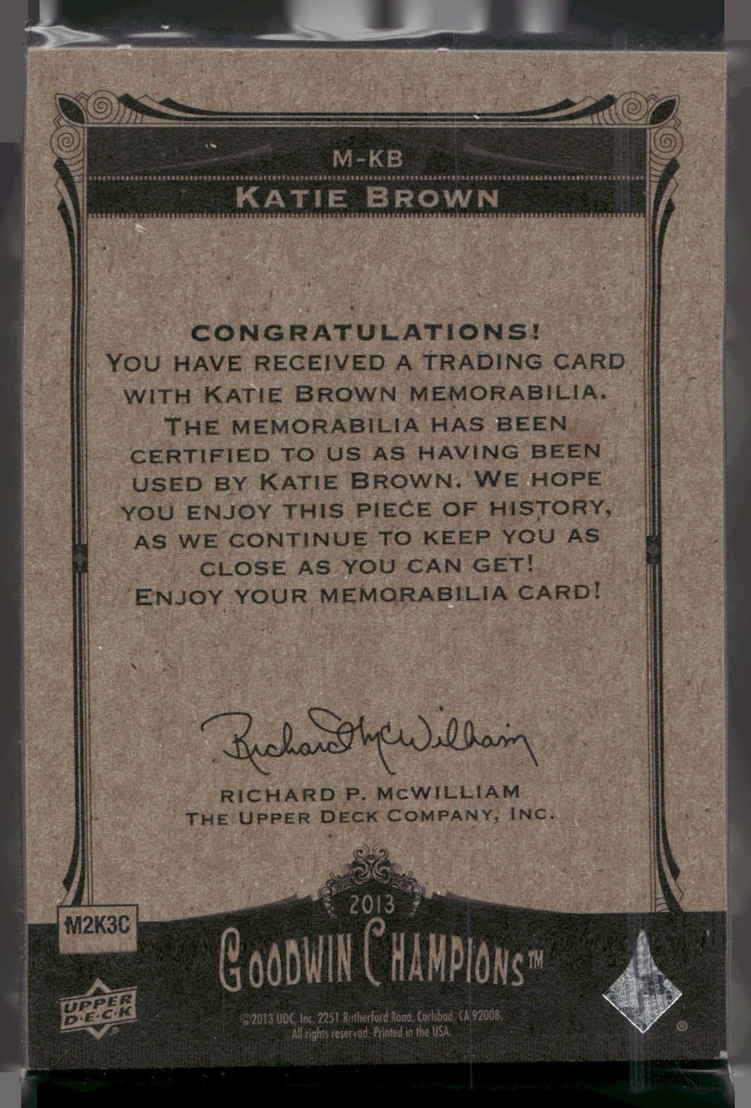 2013 Upper Deck Goodwin Champions #M-KB Katie Brown Memorabilia