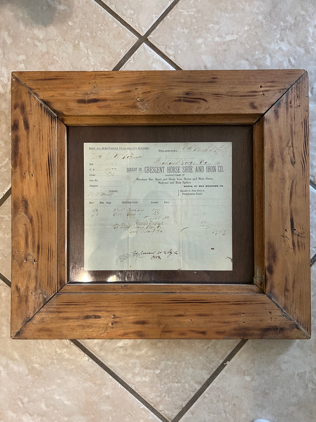 1895 Crescent Horse Shoe Iron Co Framed Invoice