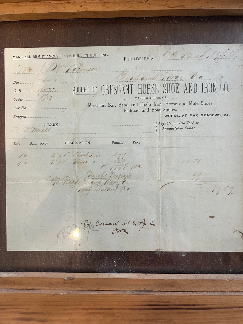 1895 Crescent Horse Shoe Iron Co Framed Invoice