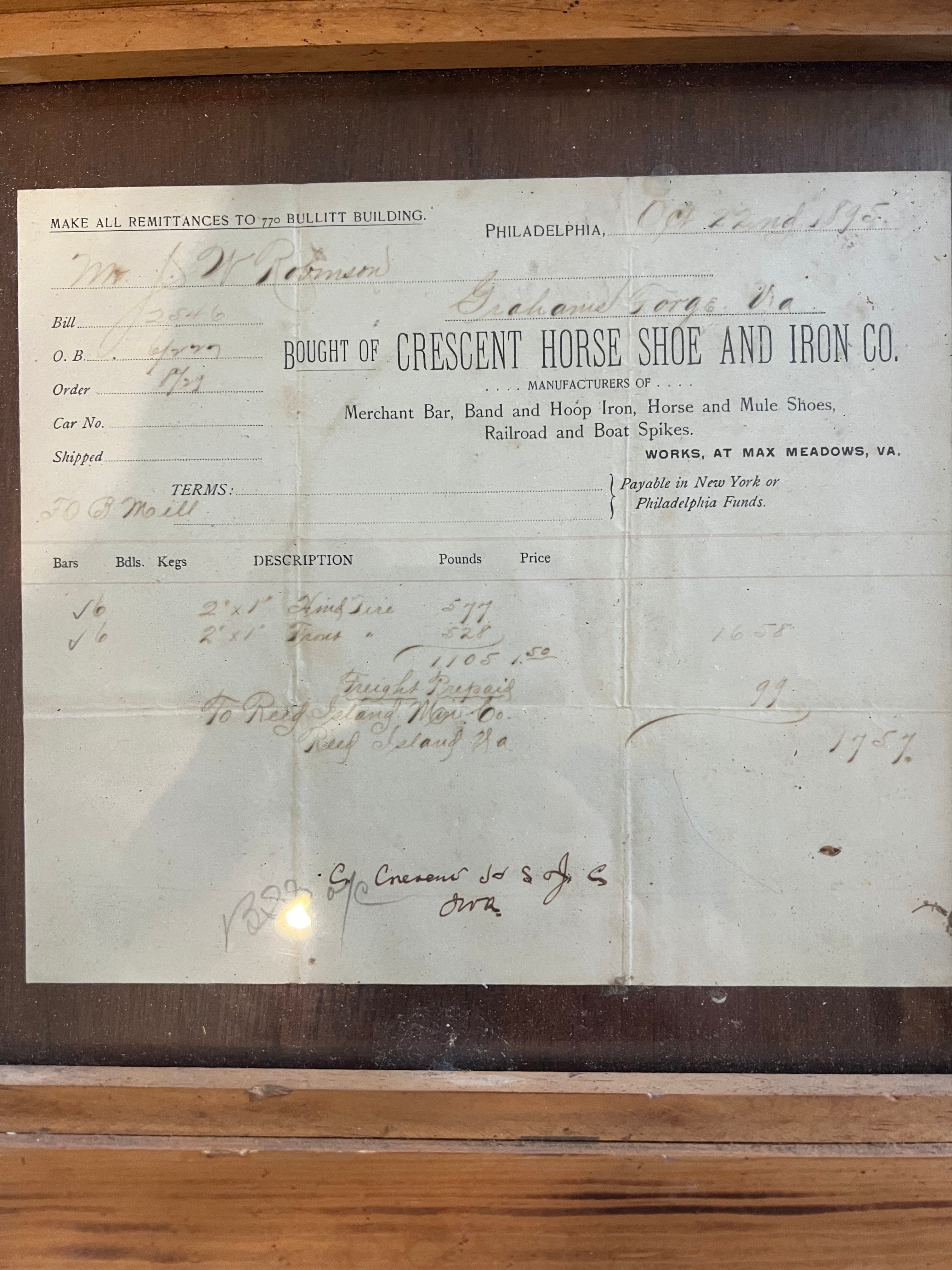 1895 Crescent Horse Shoe Iron Co Framed Invoice
