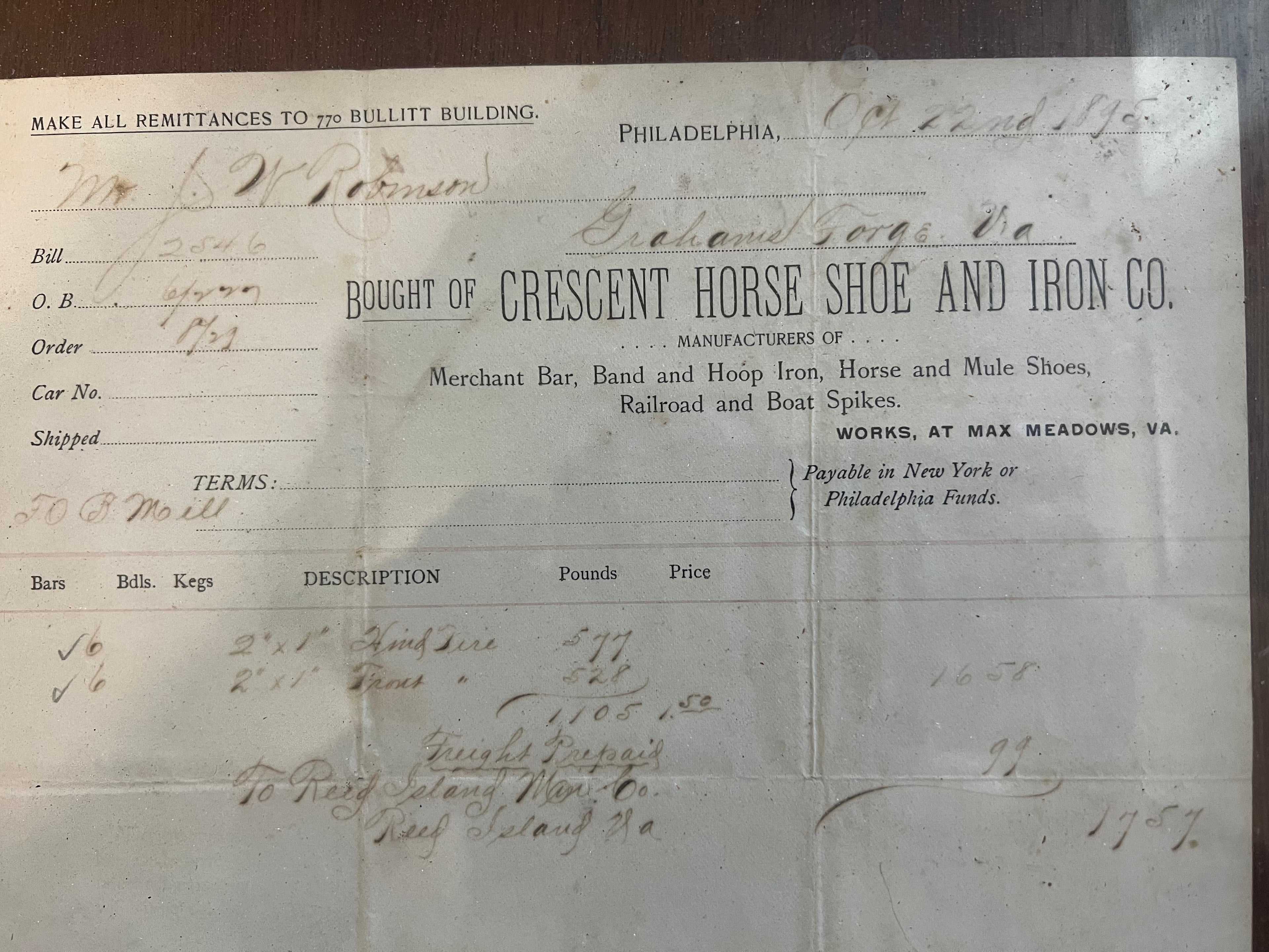 1895 Crescent Horse Shoe Iron Co Framed Invoice