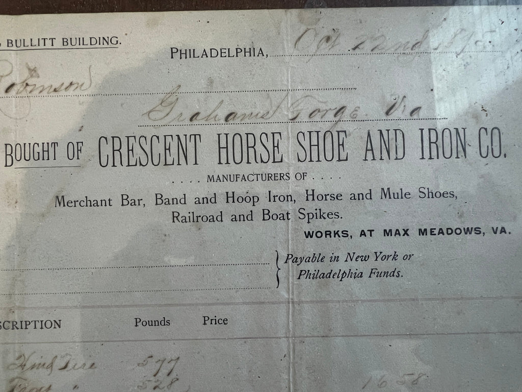 1895 Crescent Horse Shoe Iron Co Framed Invoice
