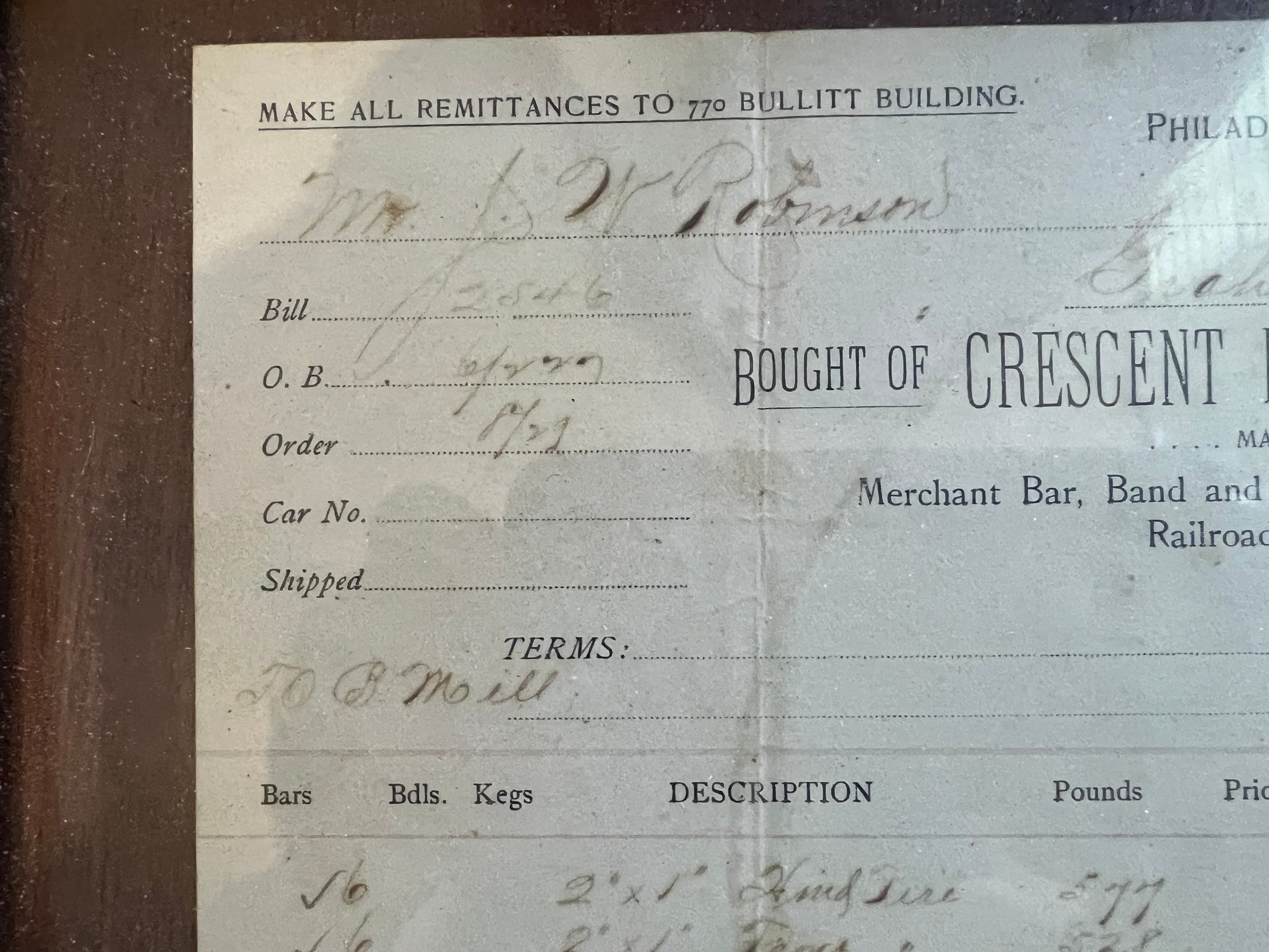 1895 Crescent Horse Shoe Iron Co Framed Invoice