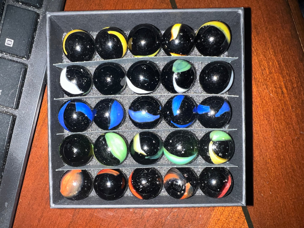 Vintage Black Opaque Glass Marble Lot 25ct Ribbon Swirl UV Cadmium Slag #MB15